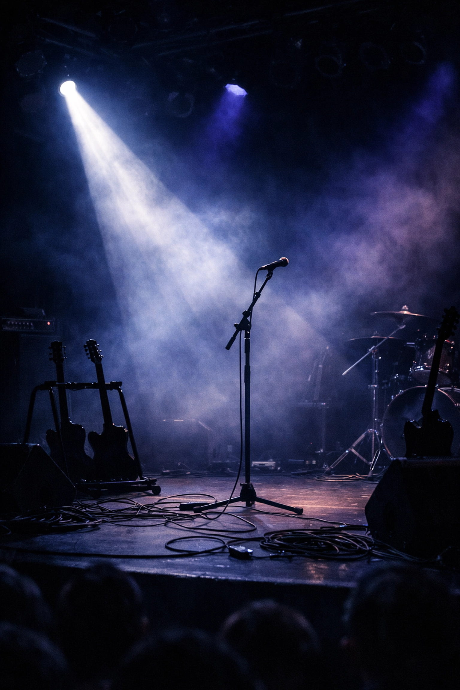 Empty concert stage after performance reflecting Vinnie Vincent's mysterious absence from rock music