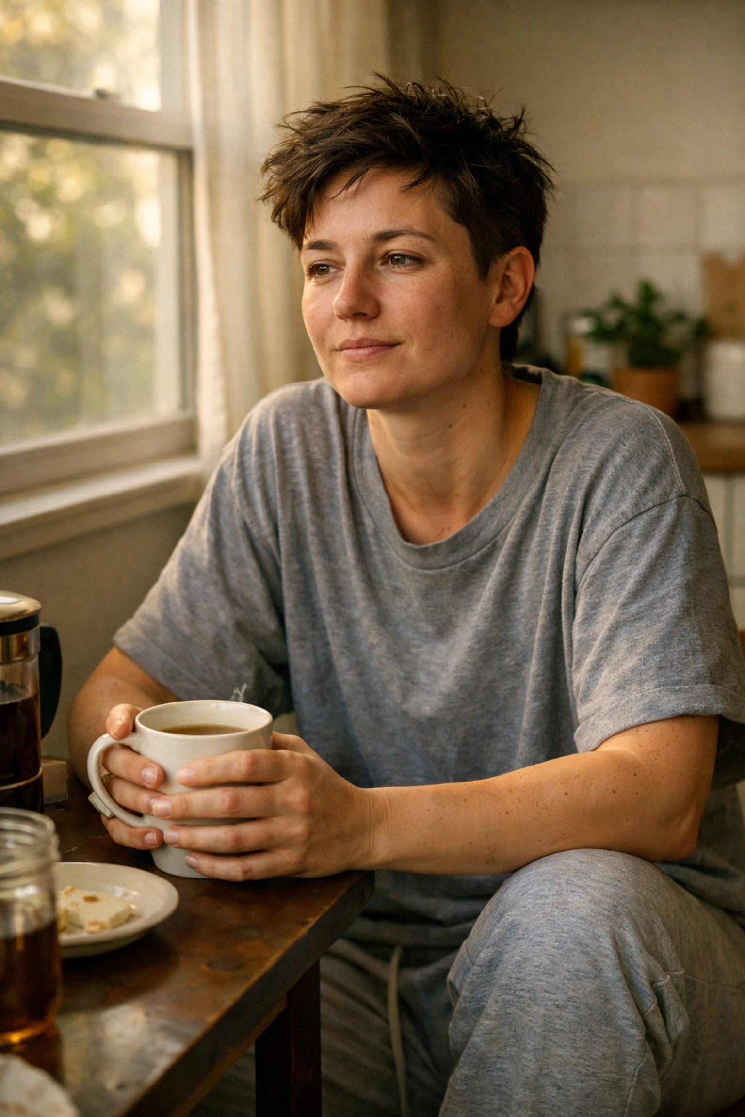 Drag performer enjoying morning coffee at home in casual clothes out of drag