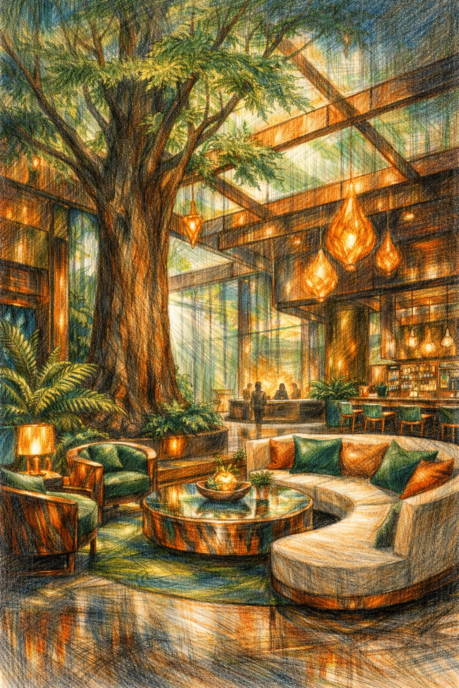 Sustainable luxury hotel lobby design featuring integrated trees and high-end recycled furniture.