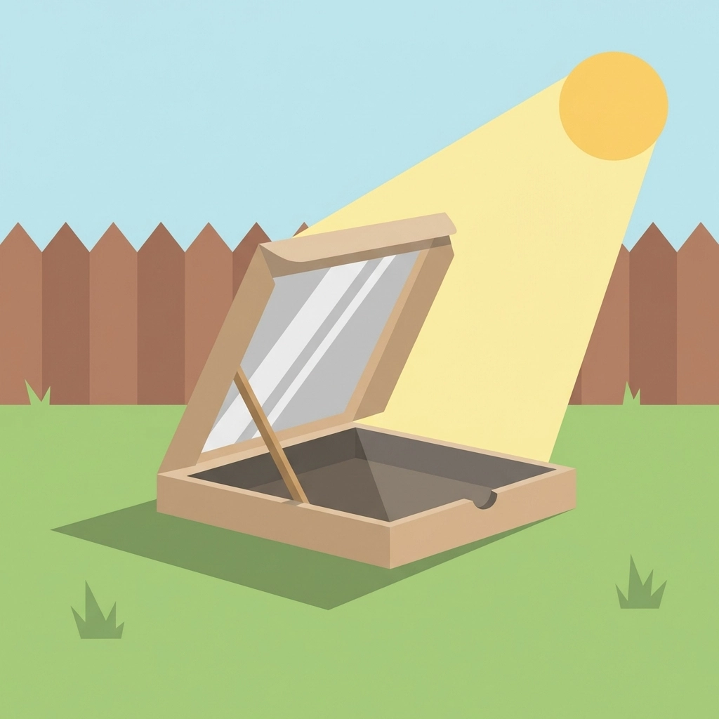 Completed pizza box solar oven in a sunny backyard, reflector angled to catch sunlight for eco-friendly cooking