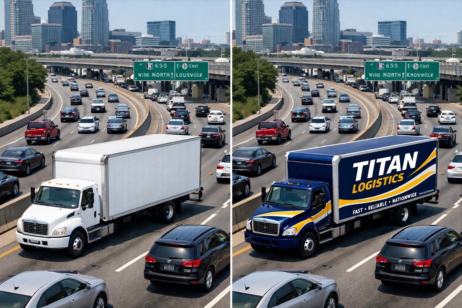 Side-by-side comparison of plain truck versus professionally wrapped commercial vehicle on highway