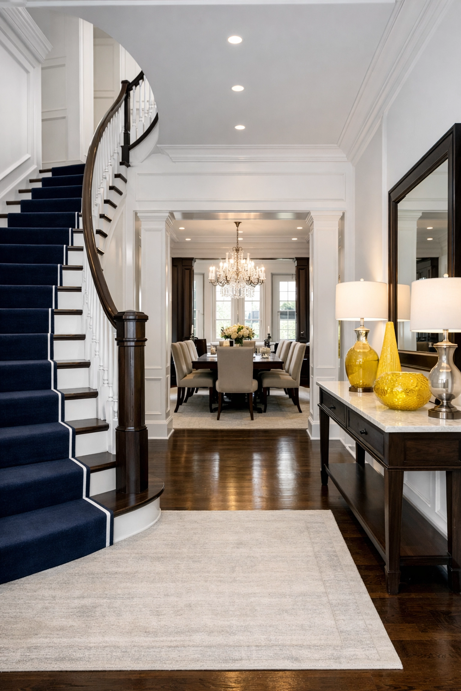 Immaculate entryway and staircase of a large Acton family home following a professional residential cleaning.