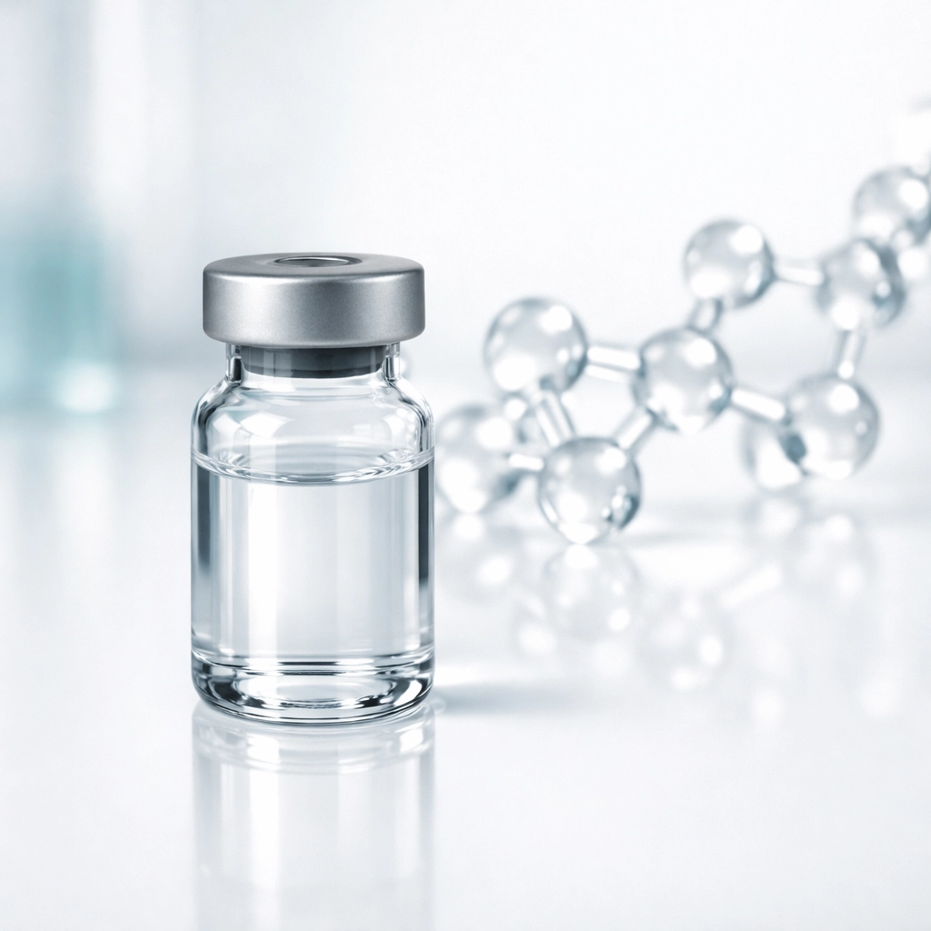 Clinical vial of tirzepatide peptide on a white surface for metabolic research and scientific studies.