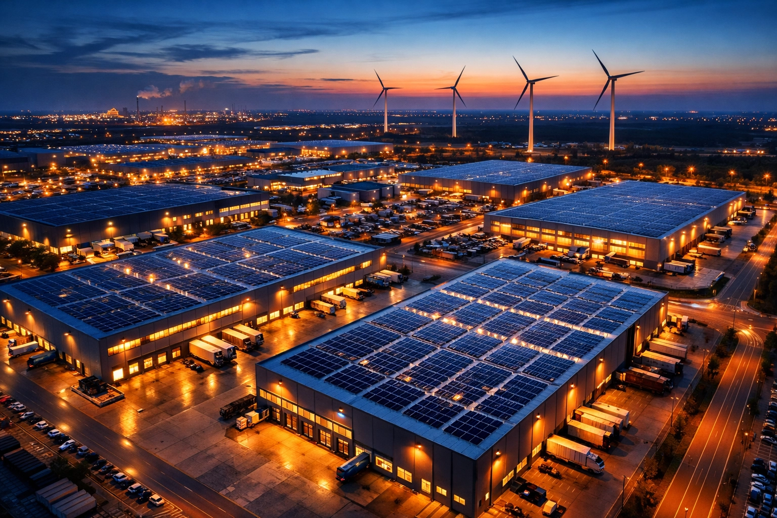 Industrial infrastructure with renewable energy assets including solar panels and wind turbines