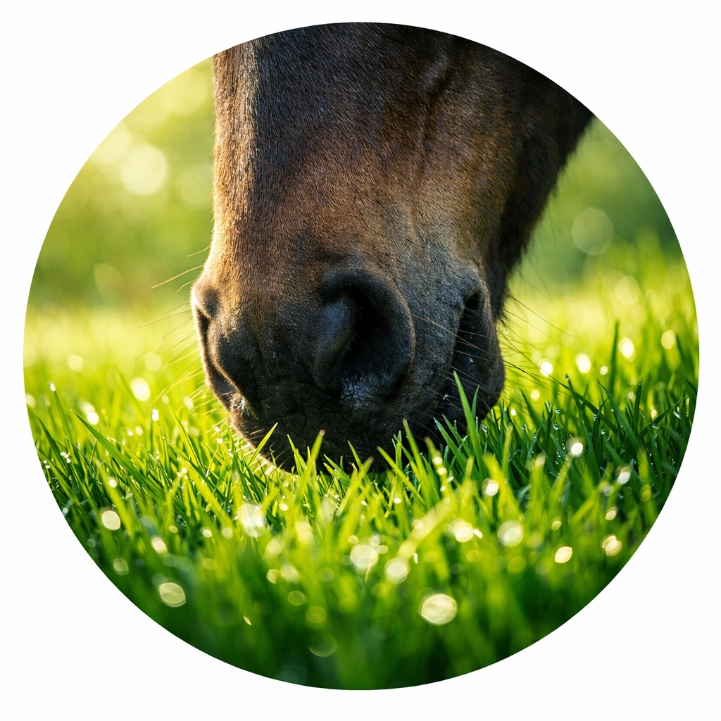 A horse eating fresh spring grass, which is high in sugar and can lead to 'spicy' behavior and spring fever.