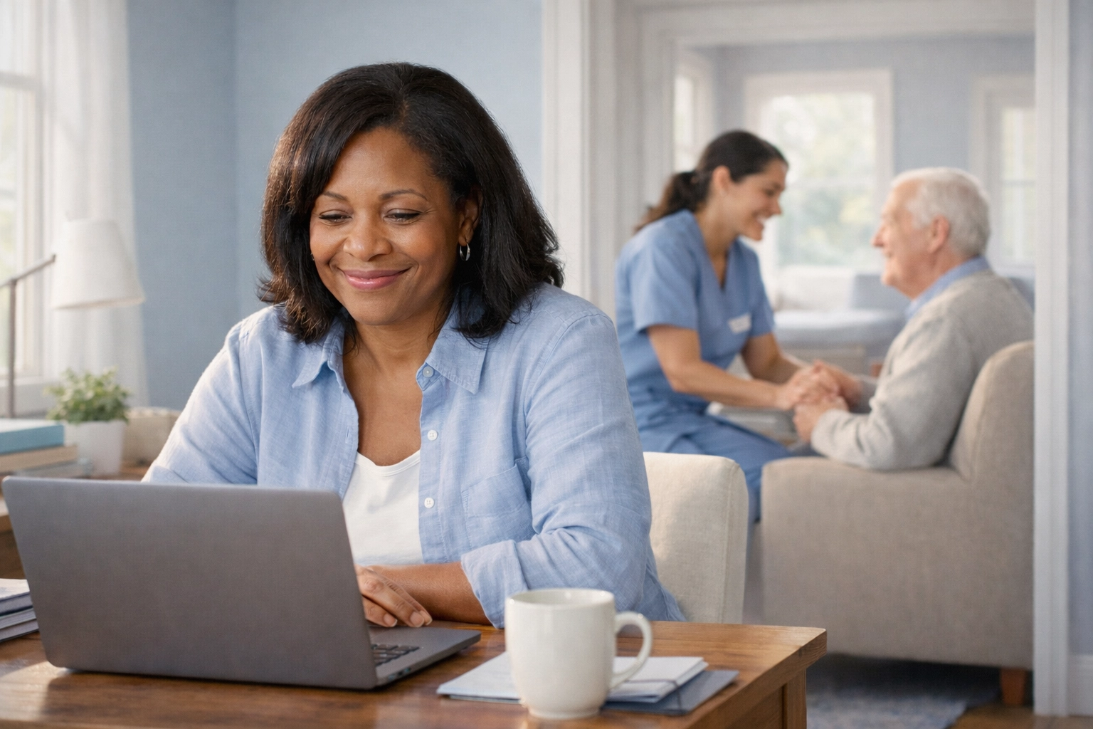 Family caregiver balancing work at home while respite care provider assists loved one