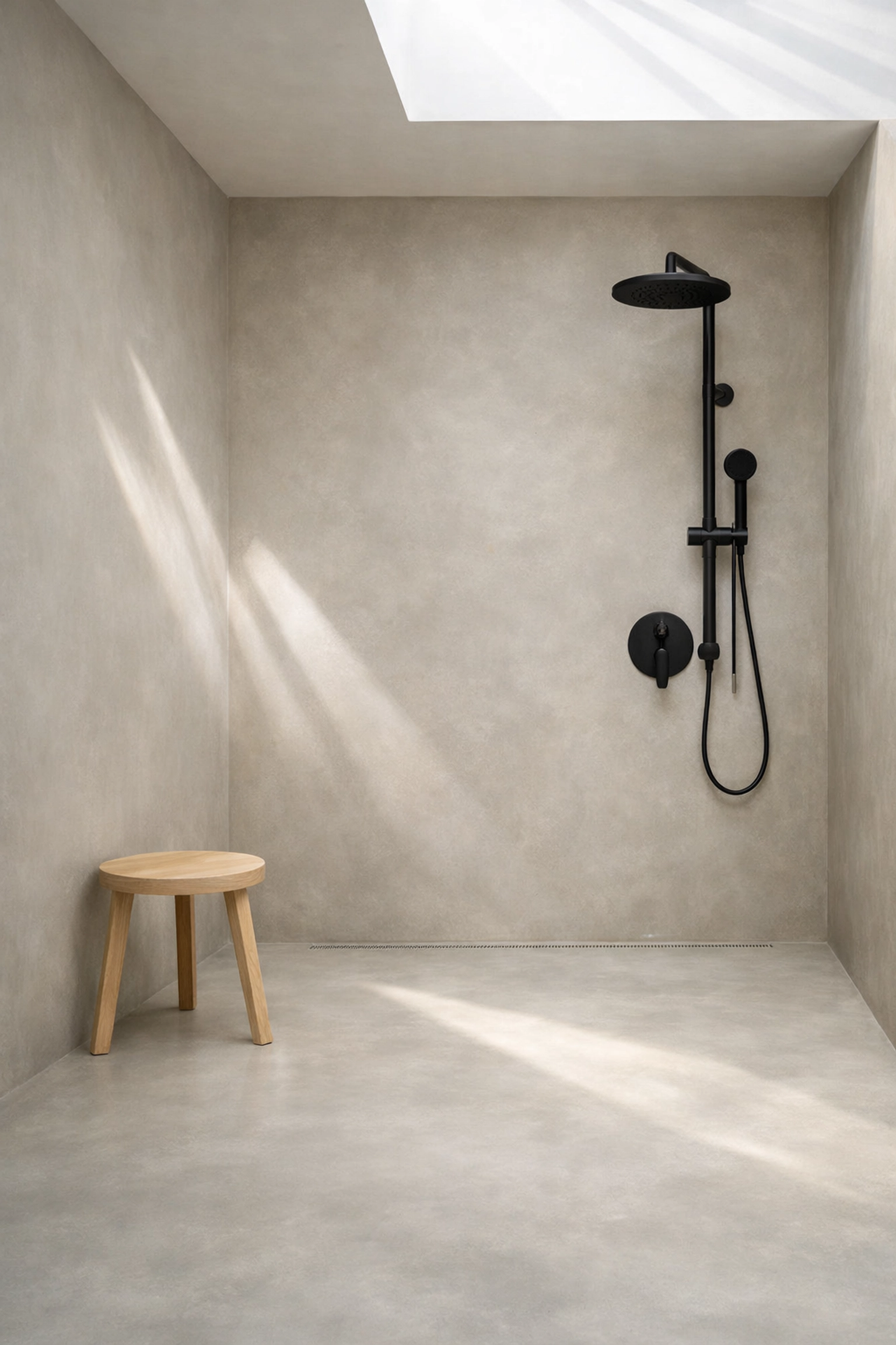 Seamless pebble grey microcement finish in a luxury minimalist bathroom with natural light.