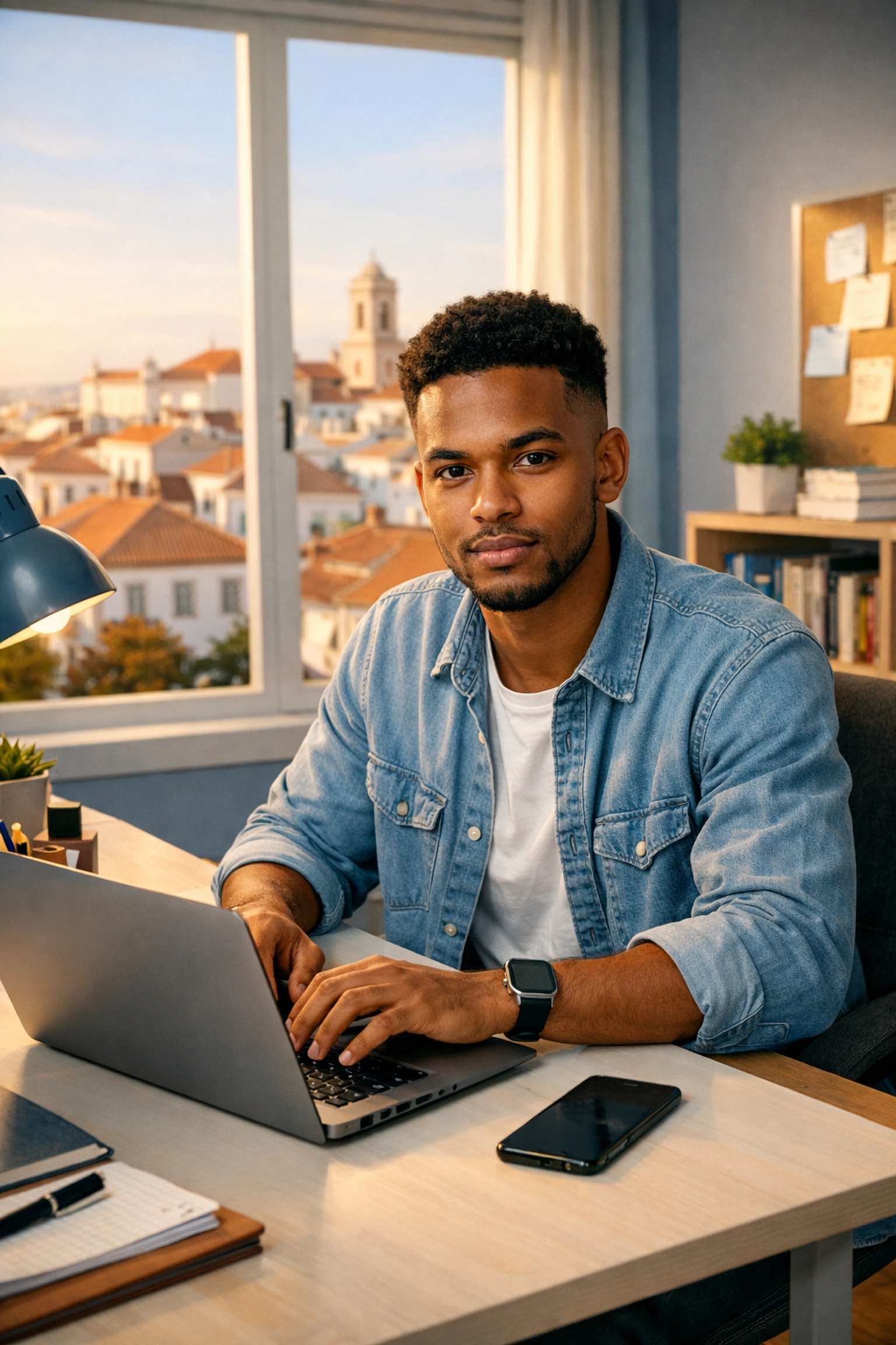 Estudante cabo-verdiano a fazer candidaturas online para emprego part-time em Portugal.
