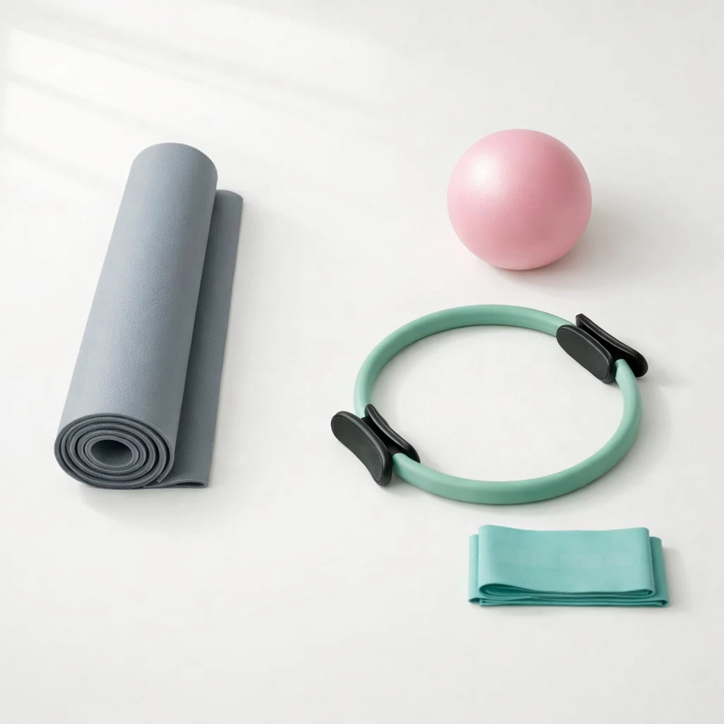 Mat Pilates props including resistance band, ball, and magic circle for home practice