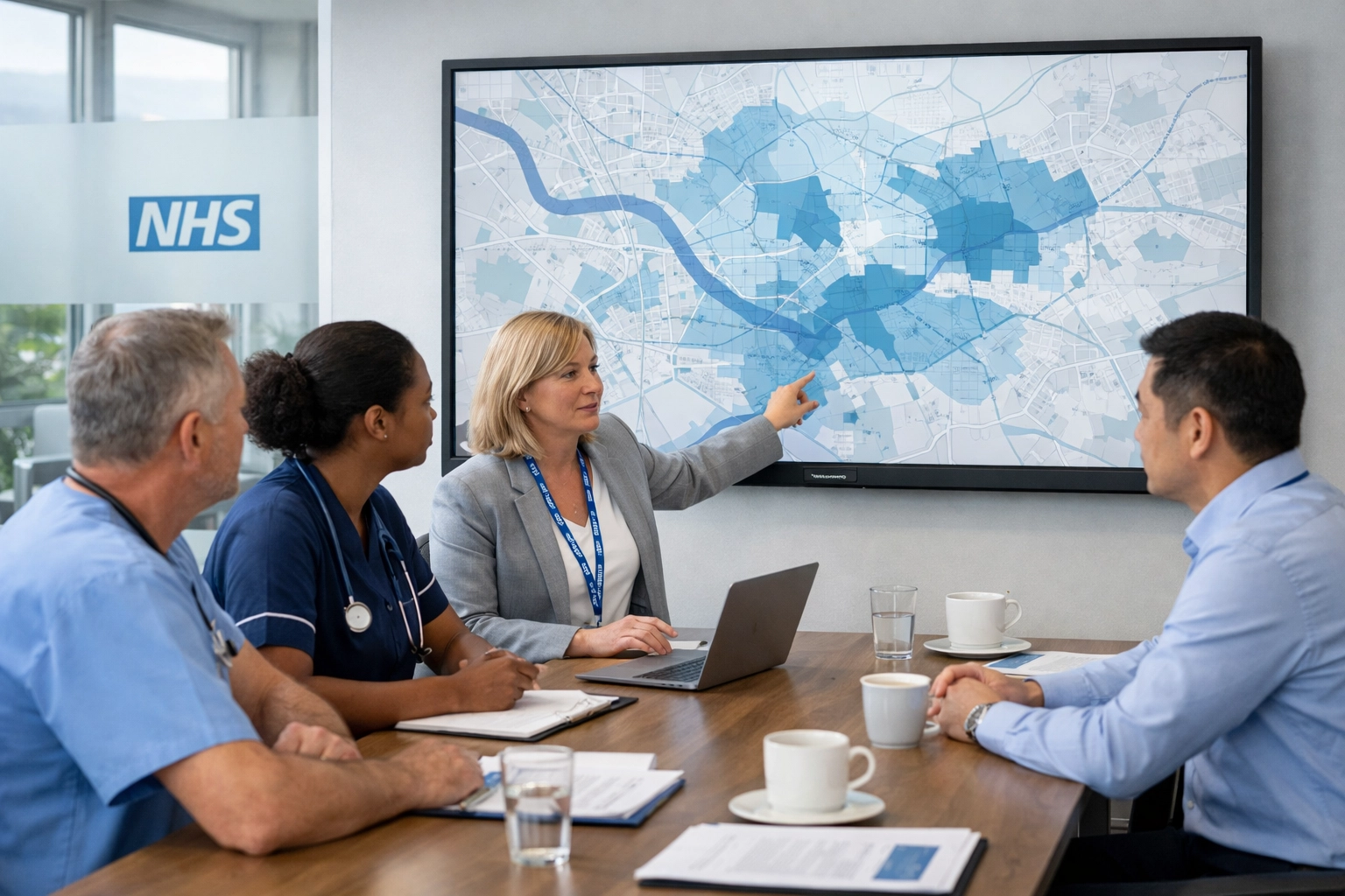 NHS respiratory leadership team reviewing a map of regional respiratory care UK distribution and strategy.