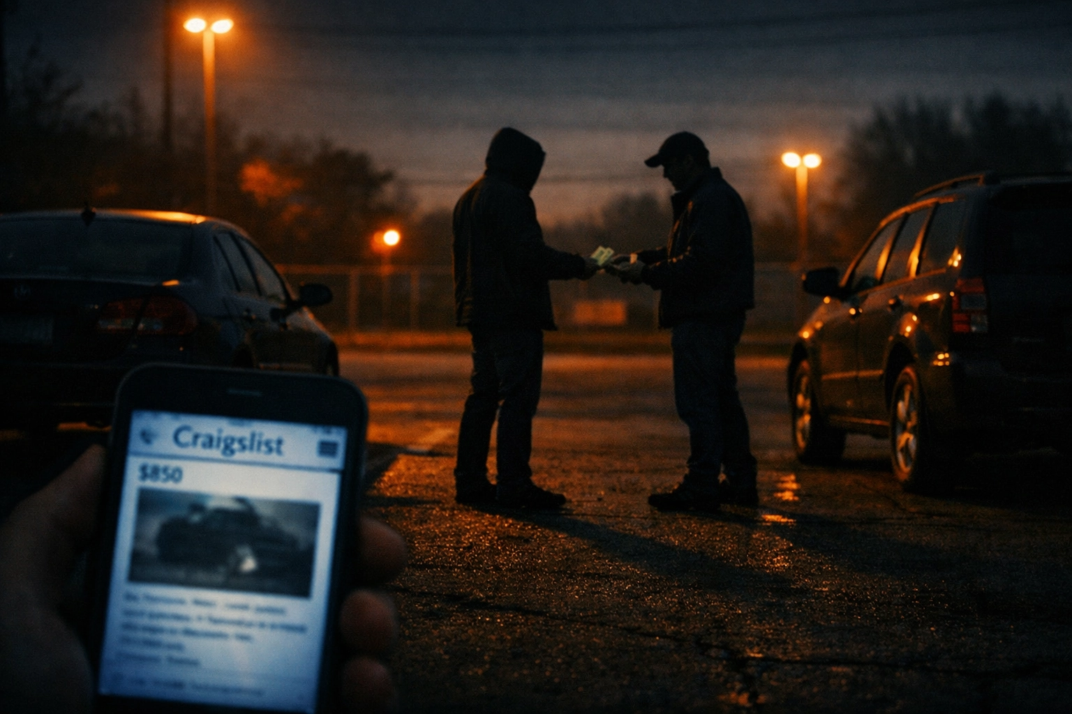 Two strangers meeting in dark parking lot for sketchy Craigslist transaction at dusk