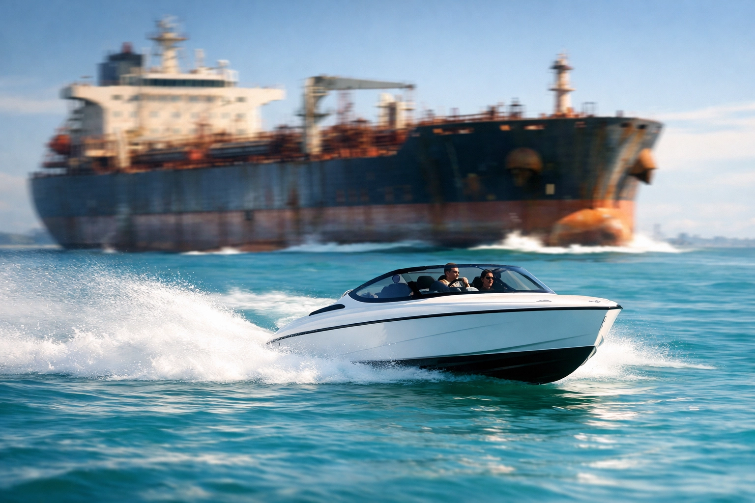 A fast speed boat outstripping a large tanker, comparing agile SMB tools to complex enterprise software.