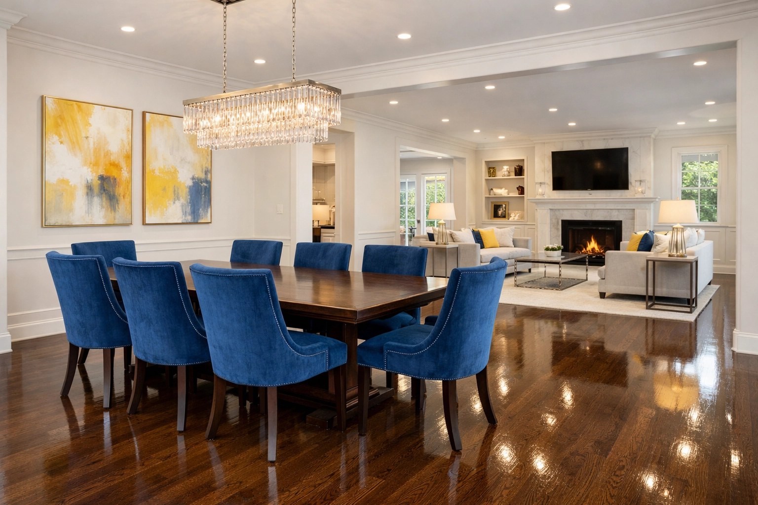 Polished dark oak floors in a luxury open-concept home after a professional residential cleaning Massachusetts service.