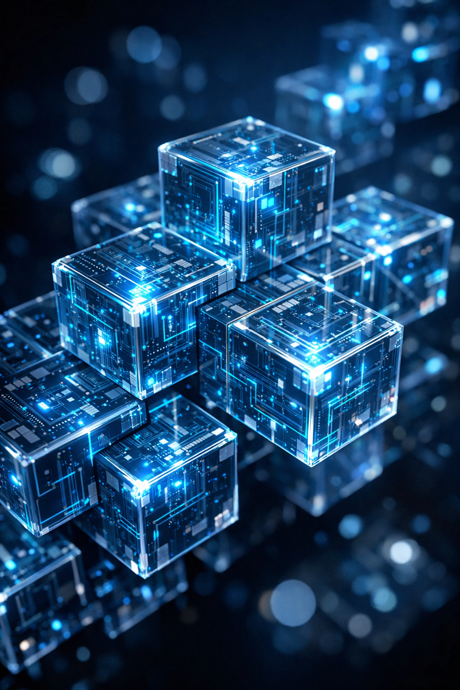 Modular software architecture shown as glowing blocks fitting together to enable rapid SaaS scaling.