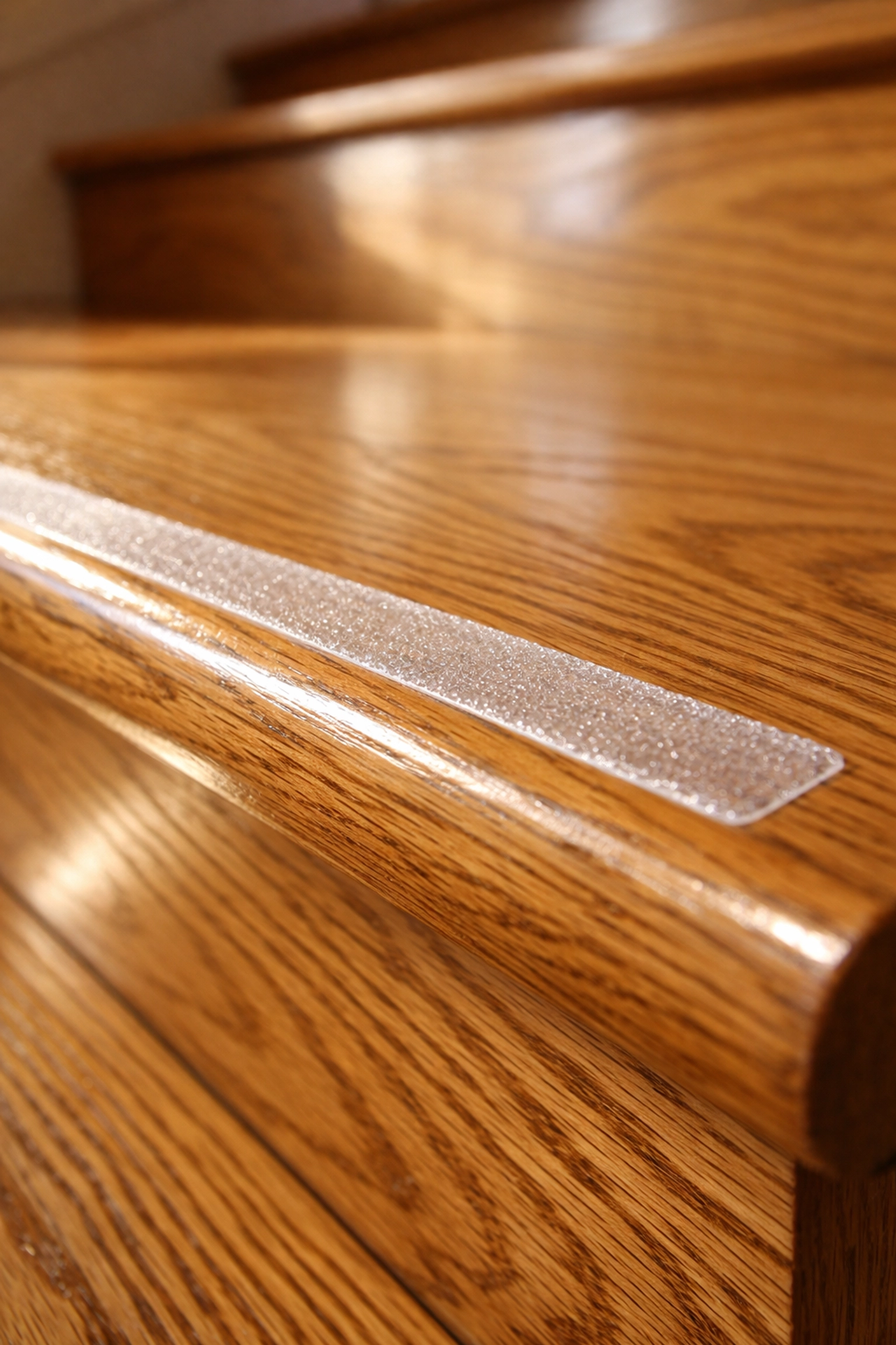 Close-up of a clear anti-slip tread strip on an oak stair edge for improved traction and fall prevention.