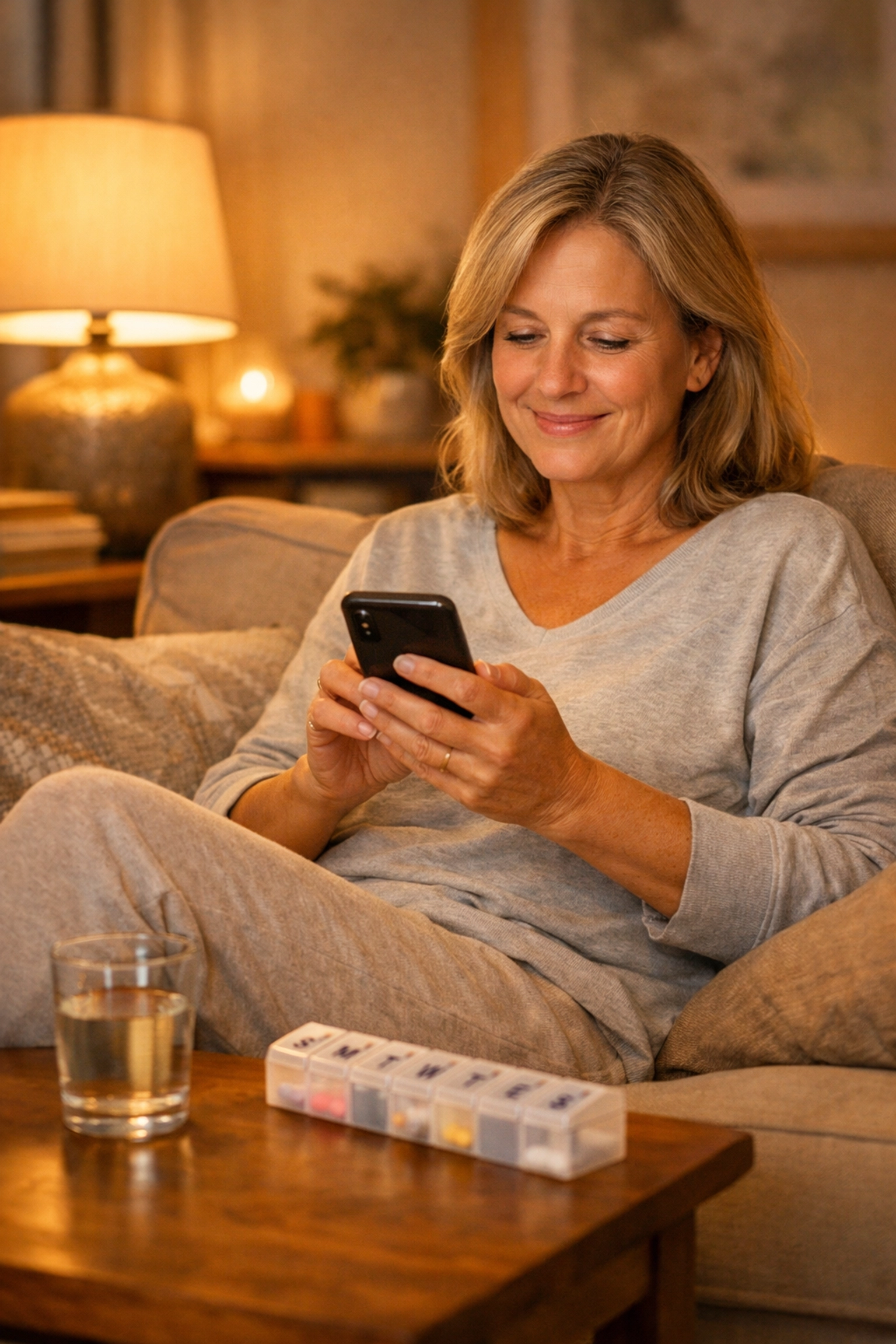 Woman using smartphone for telehealth prescription refill consultation from home