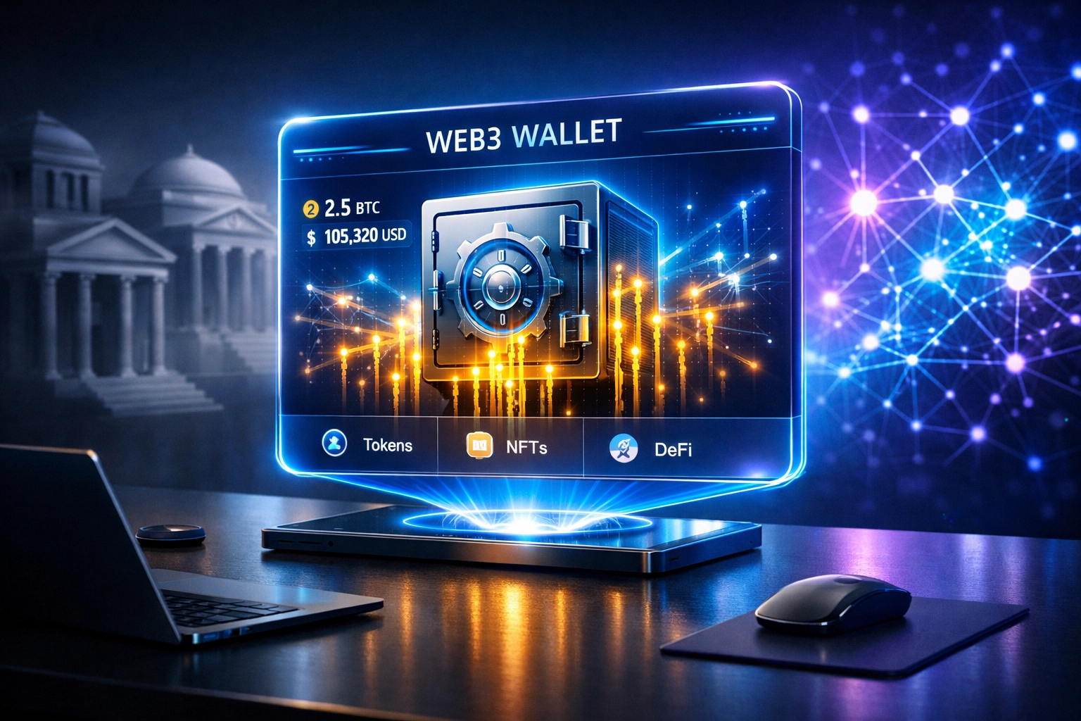 Web3 self-custody wallet interface transitioning from traditional banking to blockchain payments