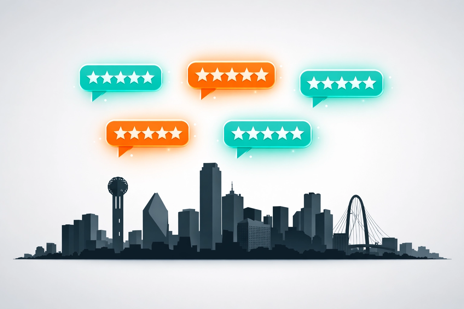 Five-star customer reviews floating above Dallas cityscape silhouette
