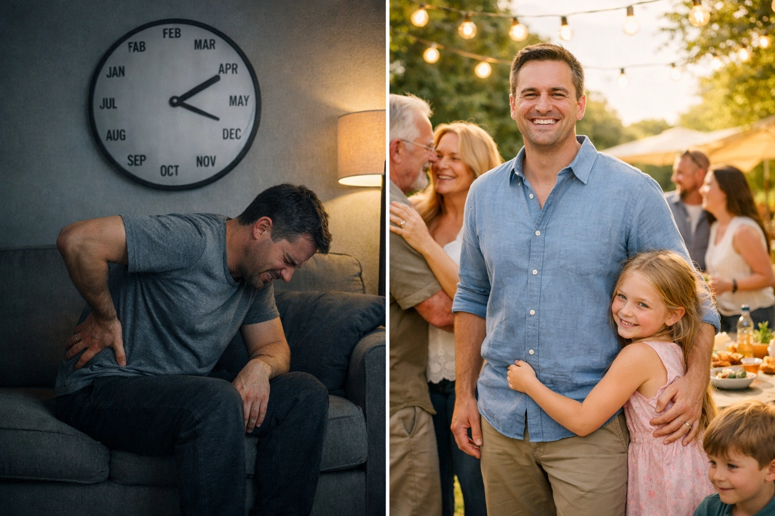 Person suffering from sciatica pain waiting alone vs. enjoying active life with family