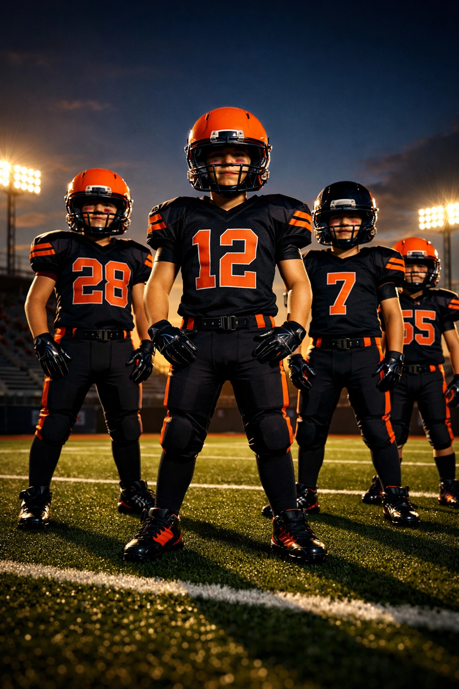 Youth football athletes in professional uniforms standing ready at 7v7 tournament