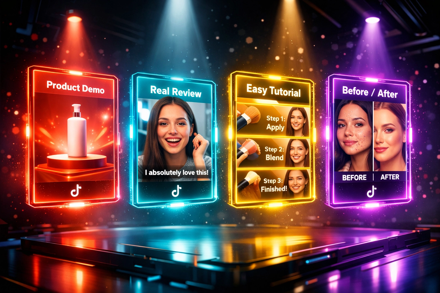 Quatre formats de publicité TikTok : démo produit, témoignage client, tutoriel et avant-après