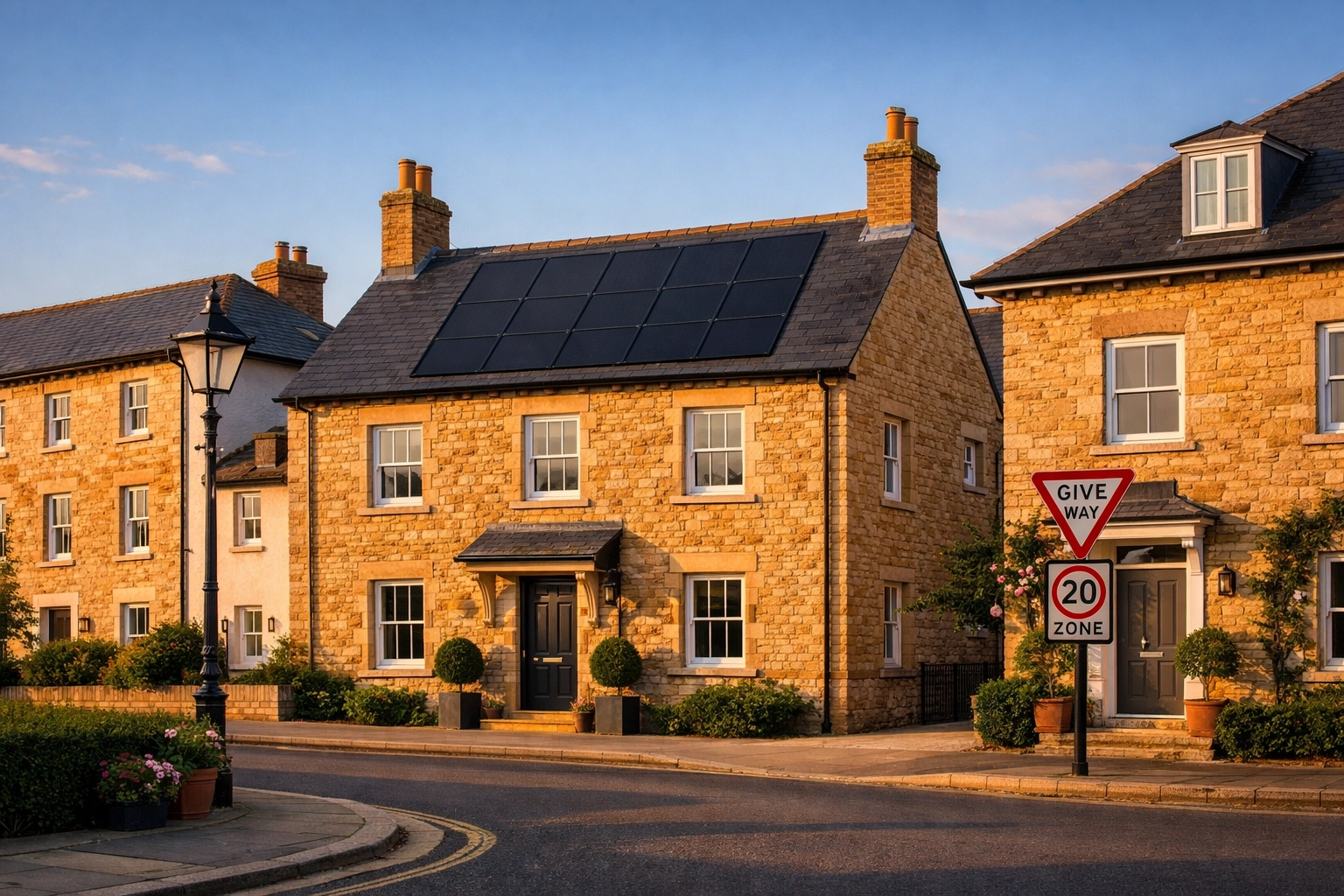 Aesthetic black solar panels on traditional stone houses in Poundbury, Dorchester.