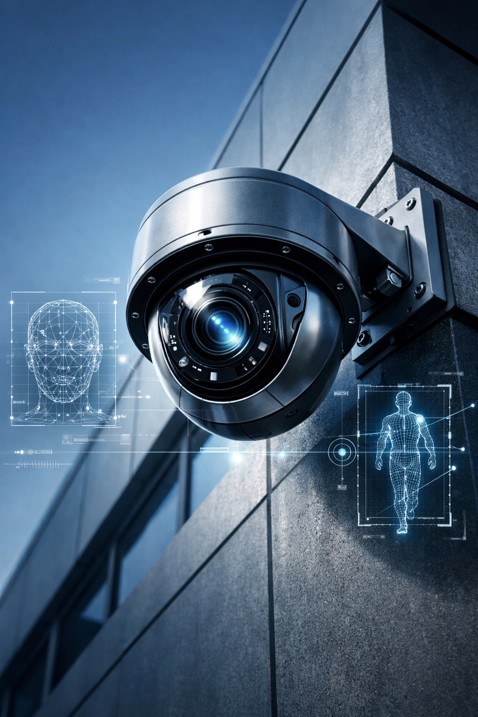 AI-powered security camera with facial recognition technology on commercial building