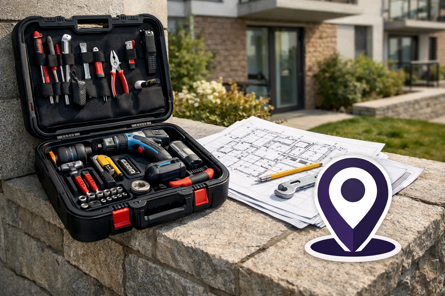 Professional maintenance tools and blueprints outside an Essex residential block showing local management expertise.
