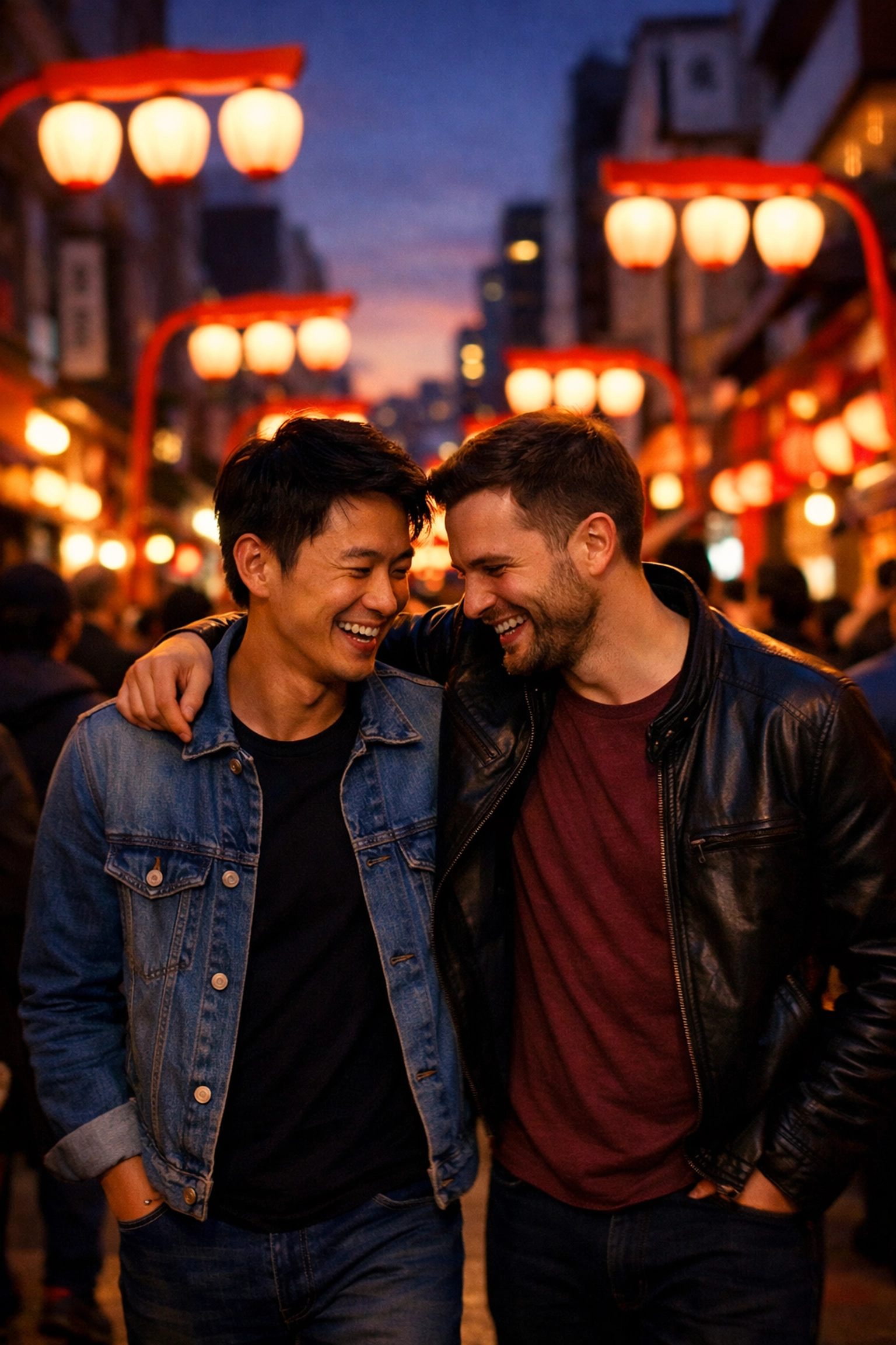 Two men walking together under red lanterns in São Paulo, perfect for LGBTQ+ fiction settings.