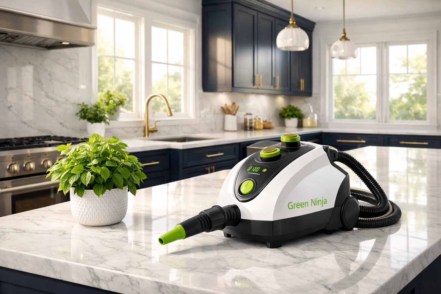 Eco-friendly steam cleaning equipment in a modern kitchen for chemical-free home maintenance.