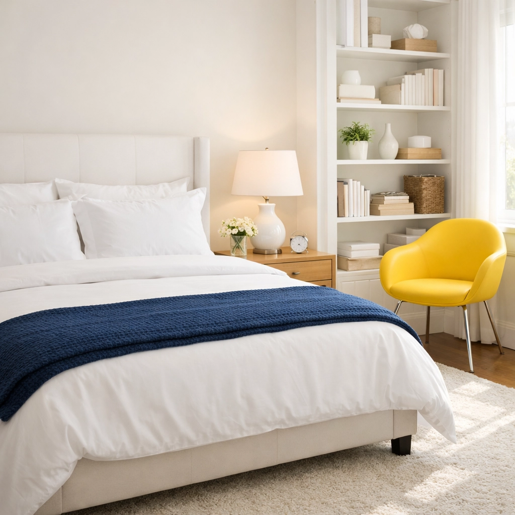 Serene bedroom with fresh linens after a visit from recurring house cleaning services near me.