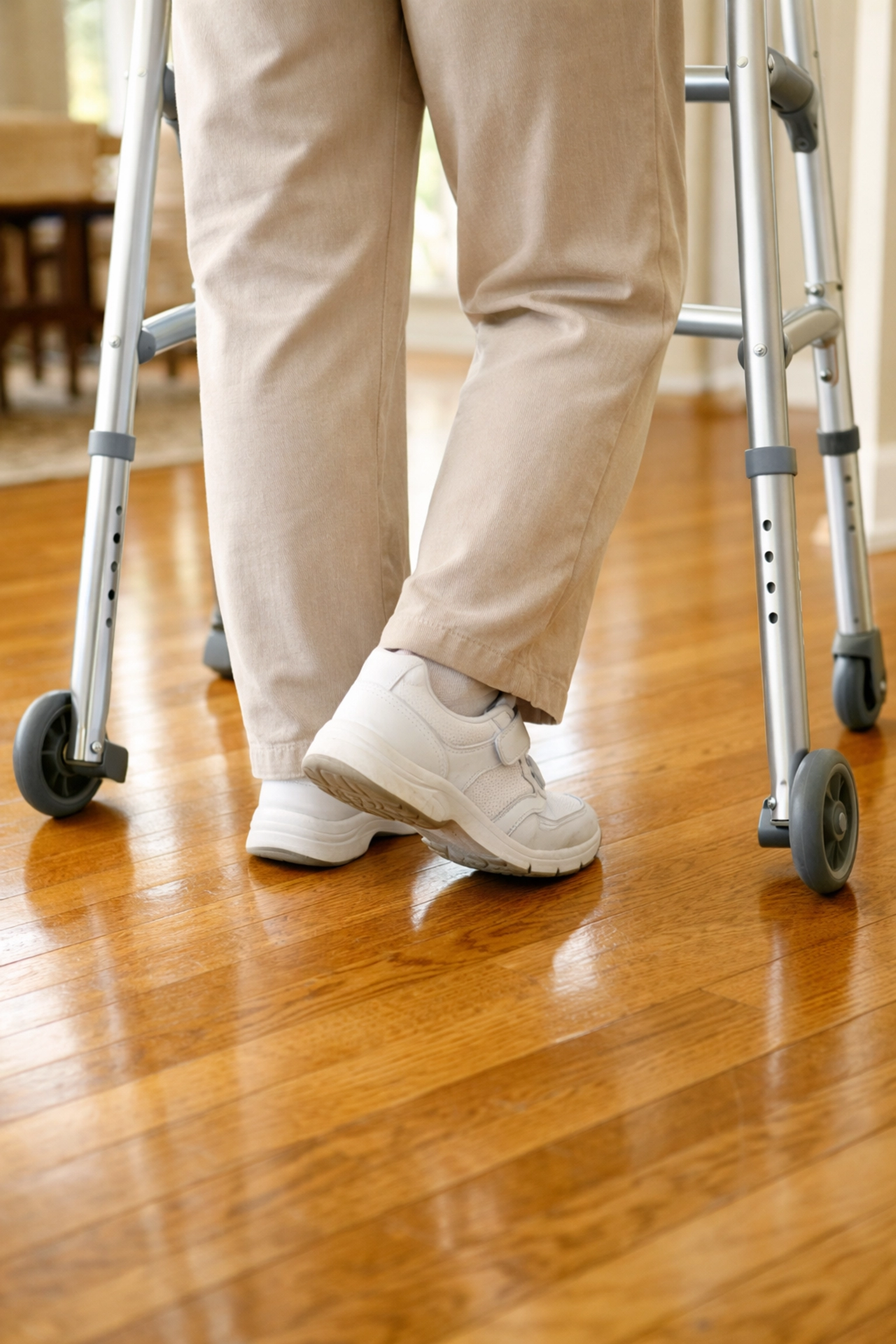 Safe turning technique with a walker using small, marching steps to maintain balance on a flat floor.