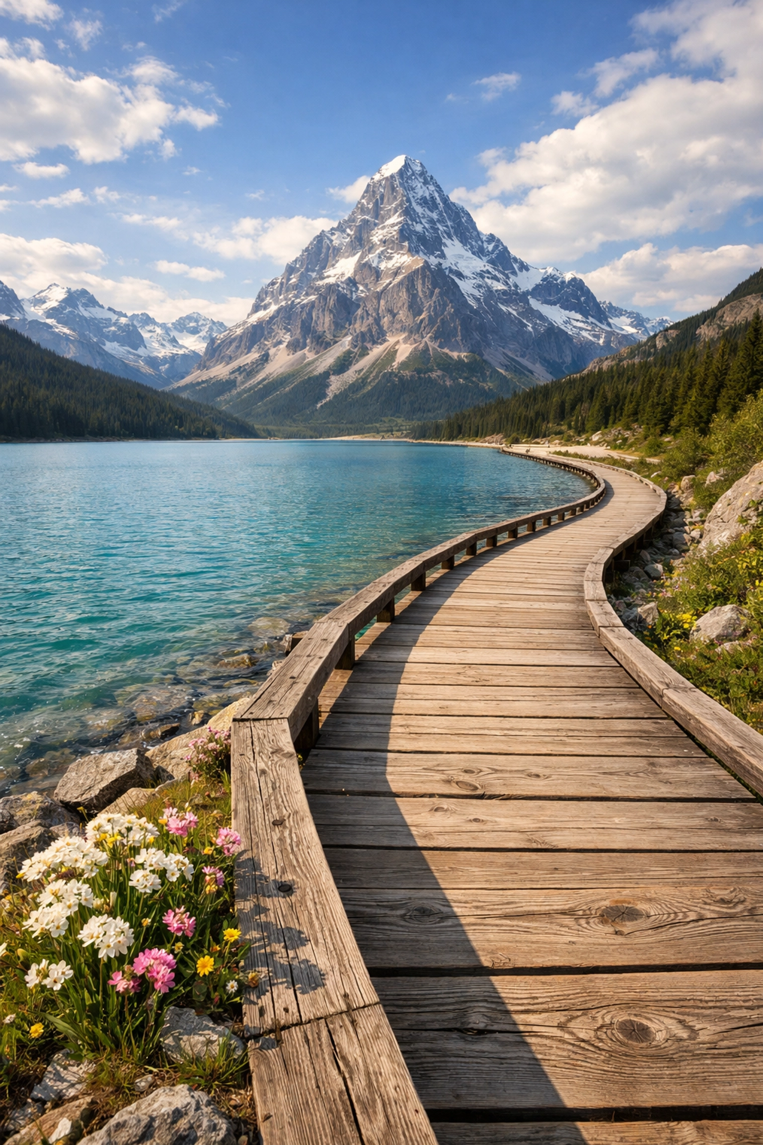 Wooden boardwalk leading to mountains, a composition trick from our landscape photography tips for beginners.