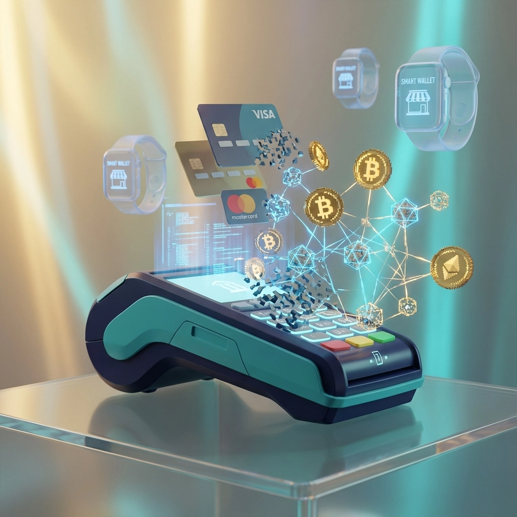 Digital payment terminal transforming into blockchain, symbolizing Larecoin Web3 payments and crypto transaction evolution