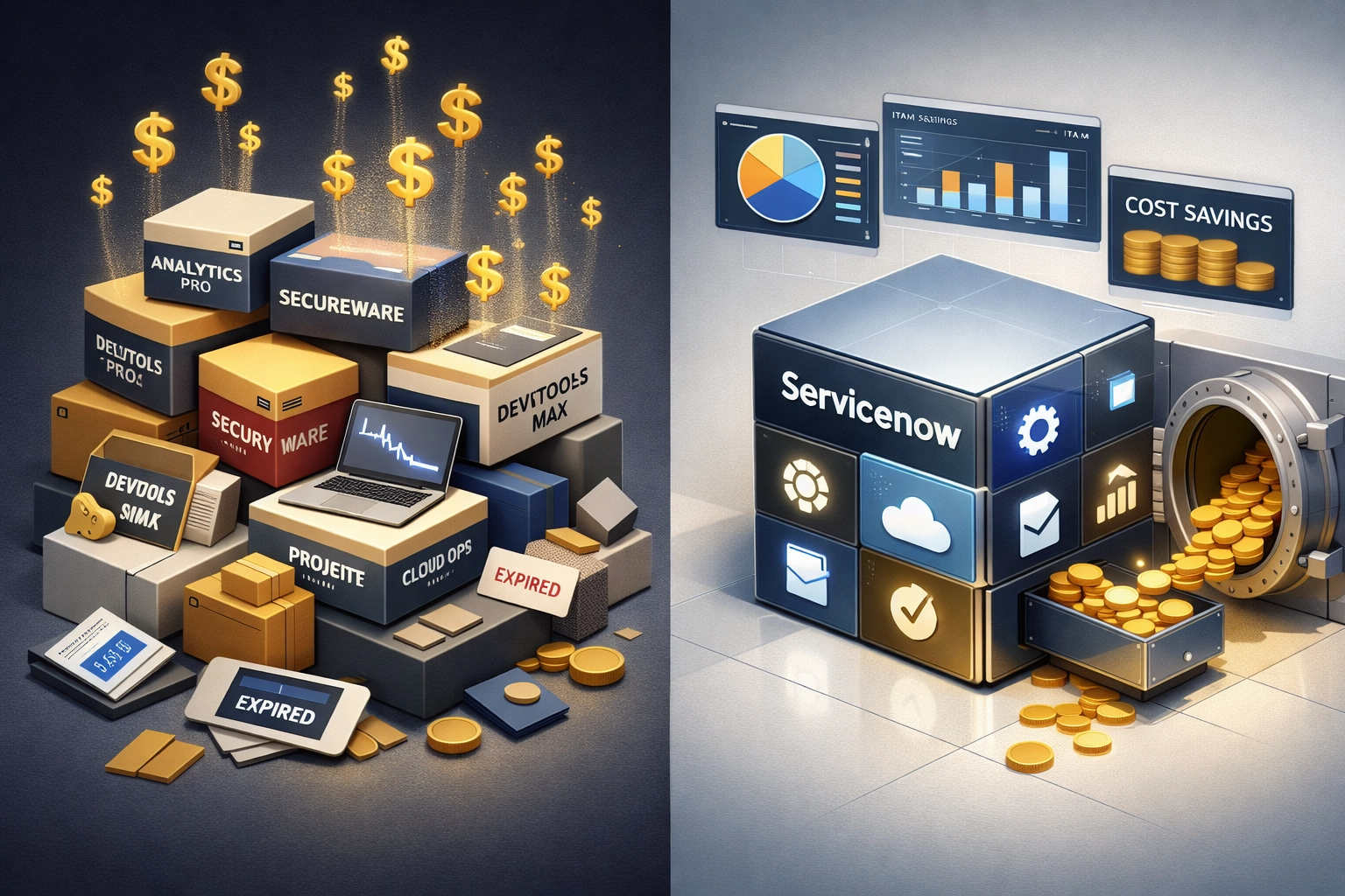 ServiceNow ITAM license optimization showing consolidated platform reducing tool costs and waste