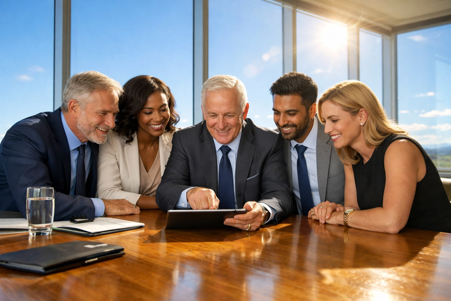 Business leaders in a sunny conference room discussing geothermal policy advocacy and CGIA membership.