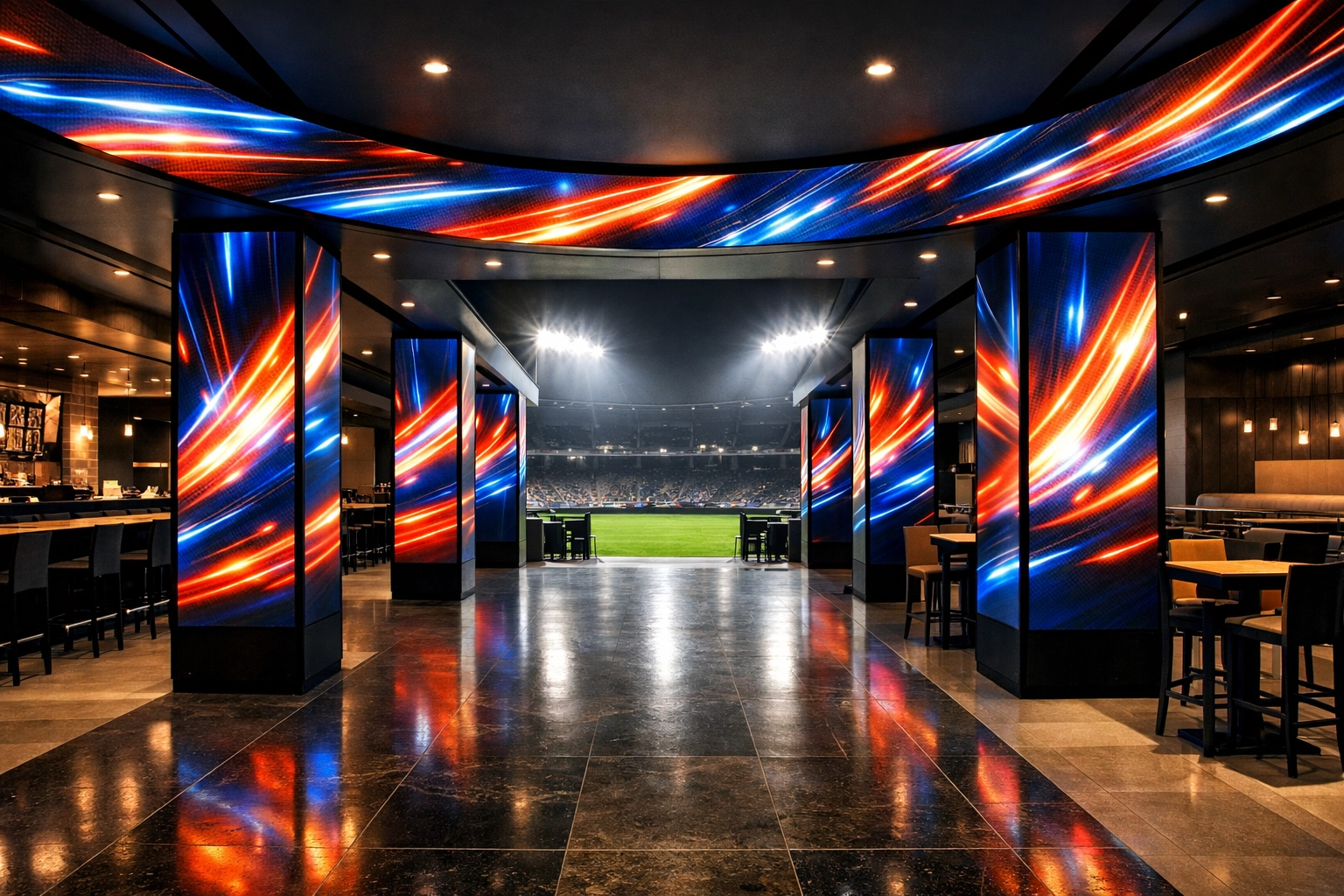 Synchronized digital OOH pillars and LED displays inside a luxury sports stadium concourse.