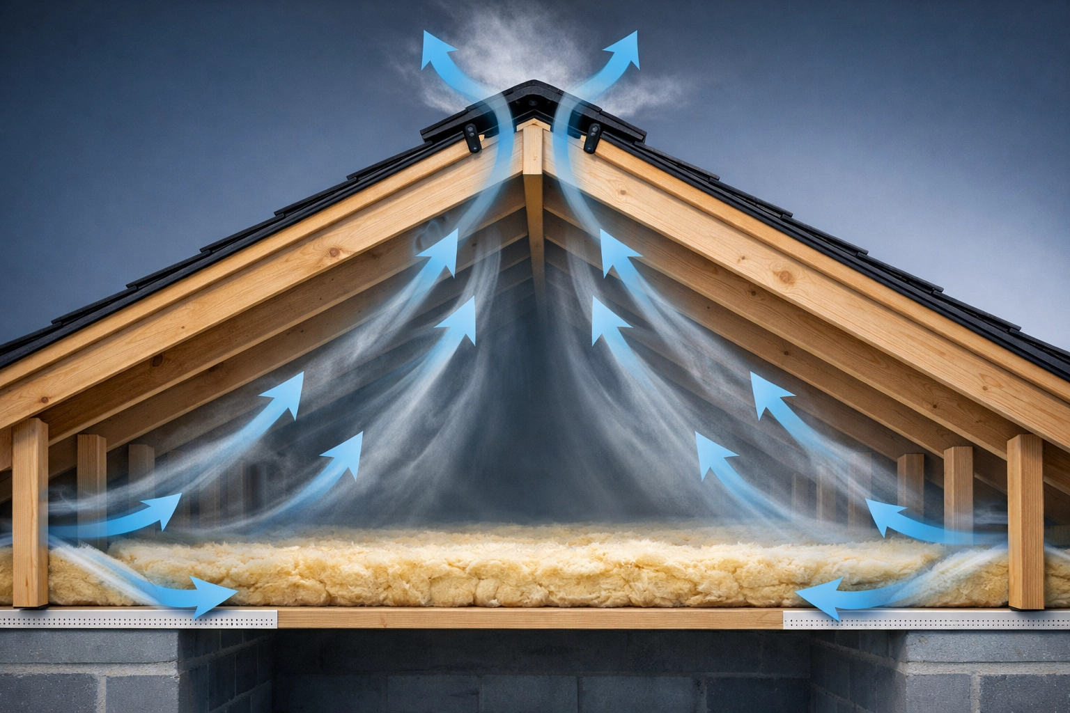 Roof ventilation system diagram showing airflow from soffit vents to ridge vents in loft space
