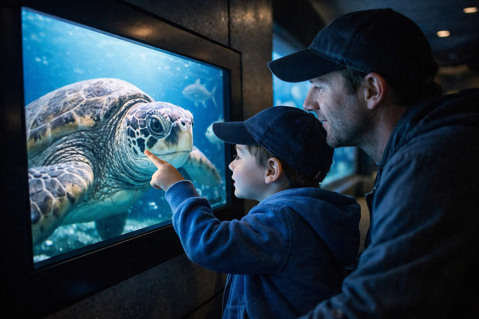 Family engaging with an interactive aquarium display showing a sea turtle near a large shark tank exhibit.