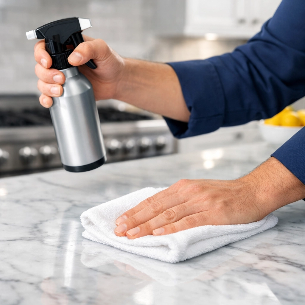 Professional cleaner polishing a marble countertop in a gourmet kitchen during a Worcester MA house cleaning.