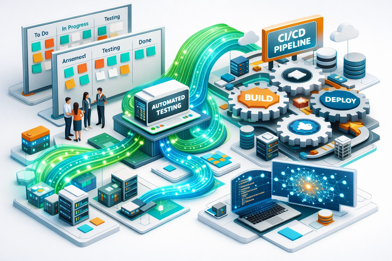 ServiceNow agile development workflow with automated testing pipelines and DevOps integration