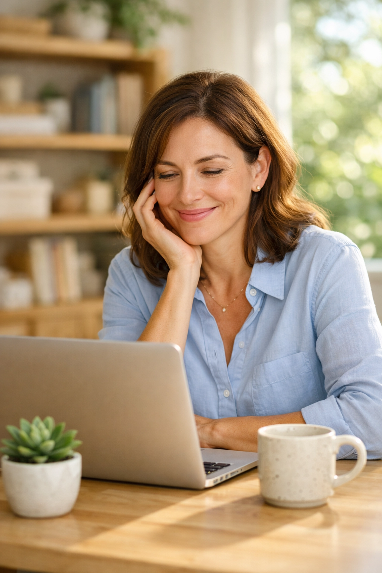 A small business owner smiling at her laptop after a professional bookkeeping cleanup and QuickBooks training.