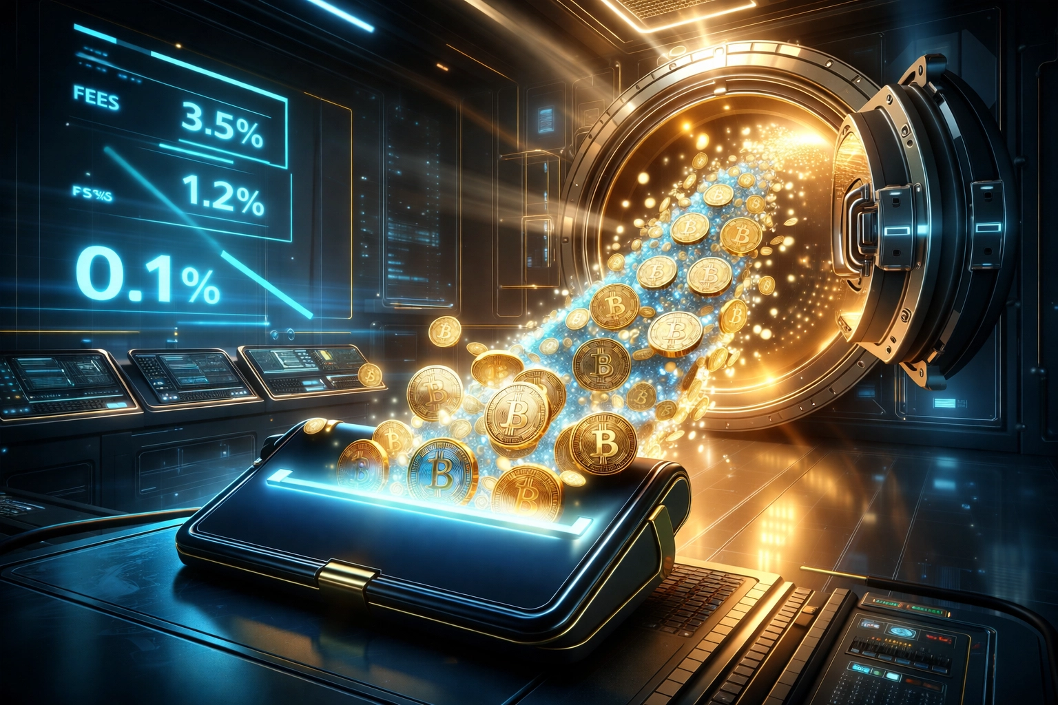 Cryptocurrency flowing into merchant wallet representing 50% interchange fee savings with self-custody payments