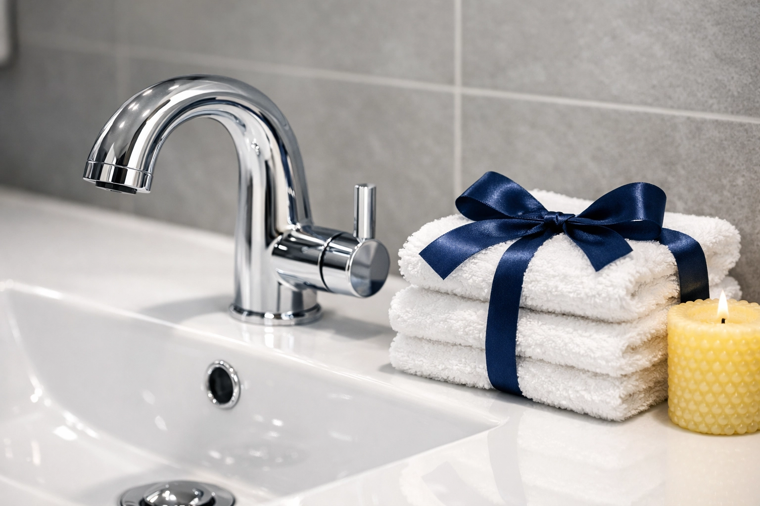 Macro view of a sanitized bathroom sink and chrome faucet, demonstrating high-quality house cleaning in Shirley MA.