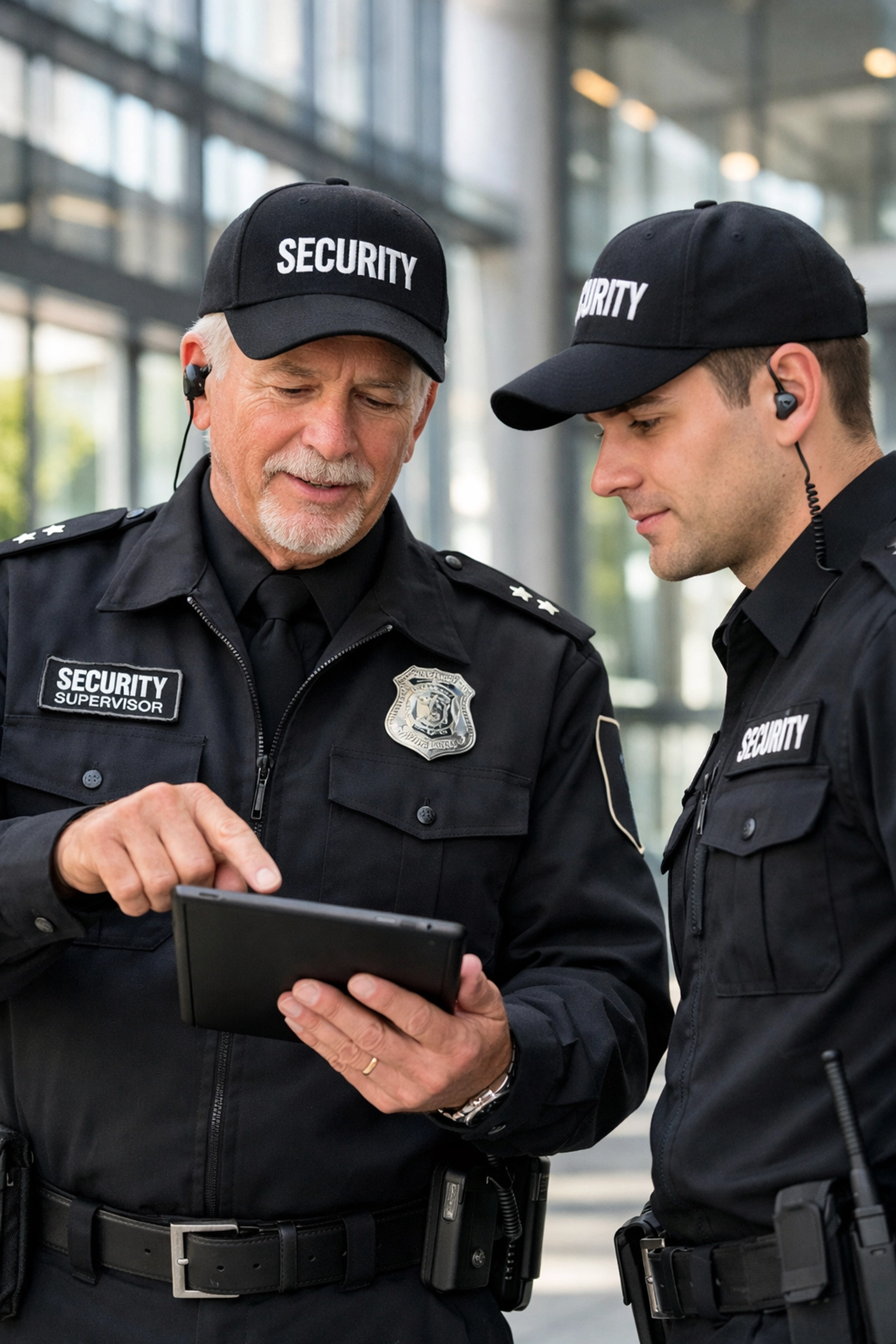 KGFM security supervisor providing personal supervision to a guard in a corporate lobby.