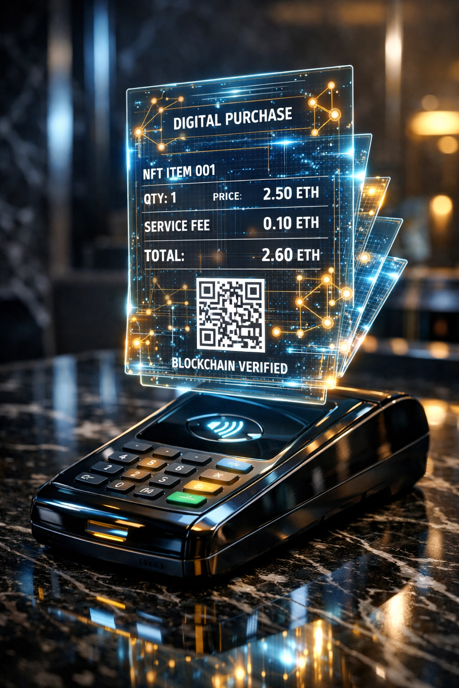 Larecoin’s blockchain-verified NFT receipt glowing above a modern payment terminal in a high-tech retail space.