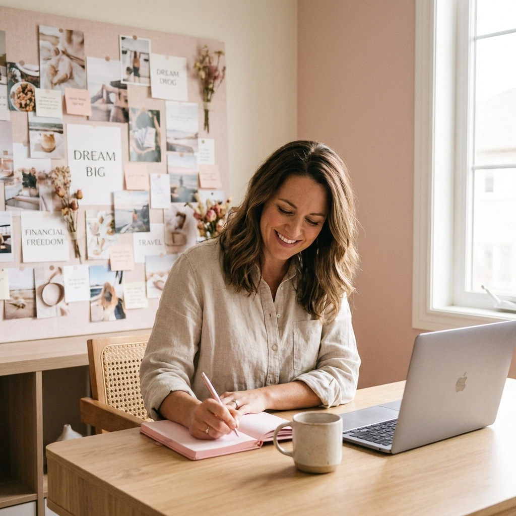 Woman writing content goals in a home office, demonstrating the importance of goal setting for social media strategy.