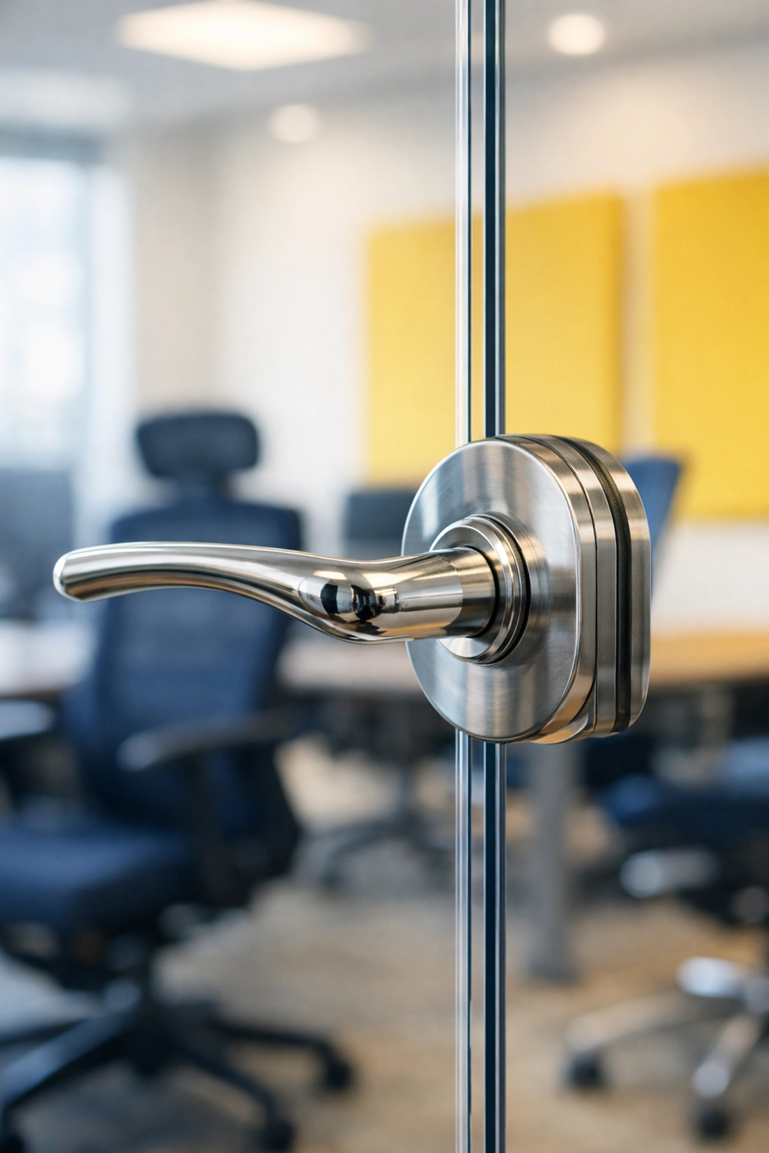 Detail-oriented cleaning showing streak-free glass and sanitized touchpoints in a Massachusetts office.