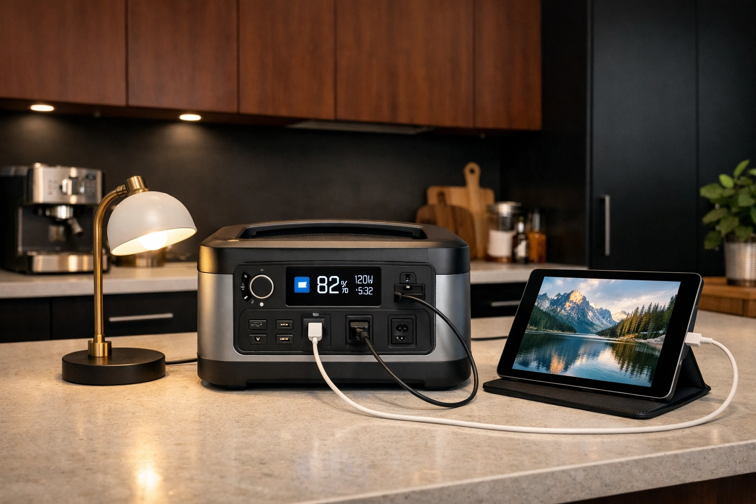 Portable power station on an apartment kitchen counter powering a lamp and tablet for backup electricity.The Best Emergency Power Back up Options for Every Budget