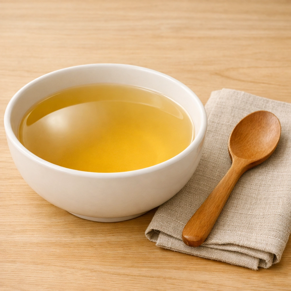 Healing mineral broth in a white bowl, a simple and nutritious meal for cancer treatment recovery.